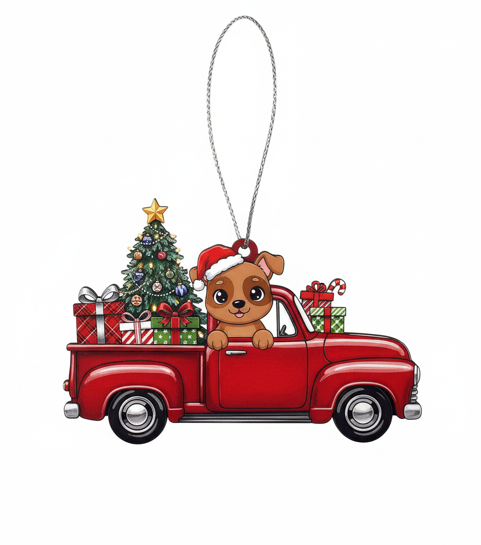 [2D FLAT ACRYLIC] Pitbull Christmas Ornament | 3D Wood Red Truck Holiday Decor for Dog Lovers