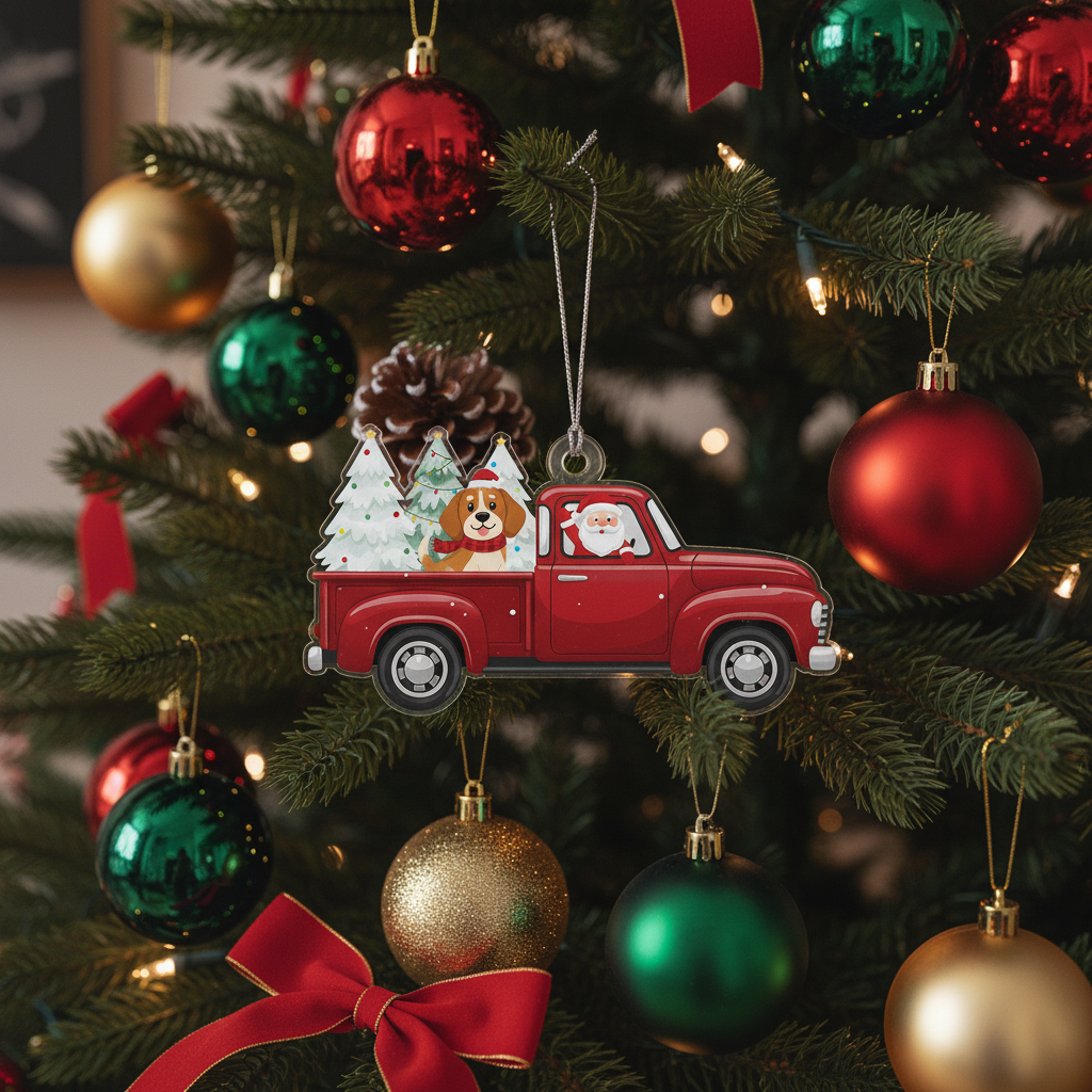 [2D FLAT ACRYLIC] Boston Terrier in Red Truck Christmas Ornament | Dog Lover Holiday Decor & Car Charm