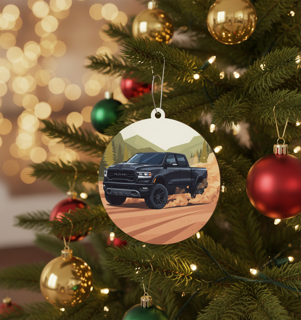 [2D FLAT ACRYLIC] Black Pick Up Truck Christmas Ornament | Off-Road Mountain Holiday Decor
