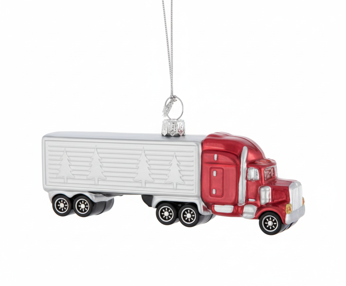[2D FLAT ACRYLIC] Glass Tractor Trailer Christmas Ornament | Perfect Trucker Gift & Holiday Decor