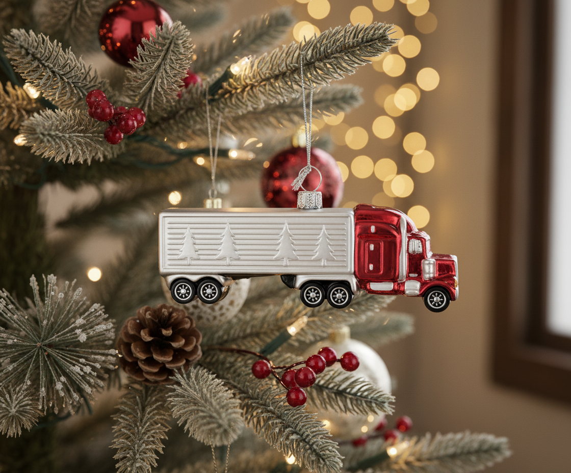 [2D FLAT ACRYLIC] Glass Tractor Trailer Christmas Ornament | Perfect Trucker Gift & Holiday Decor