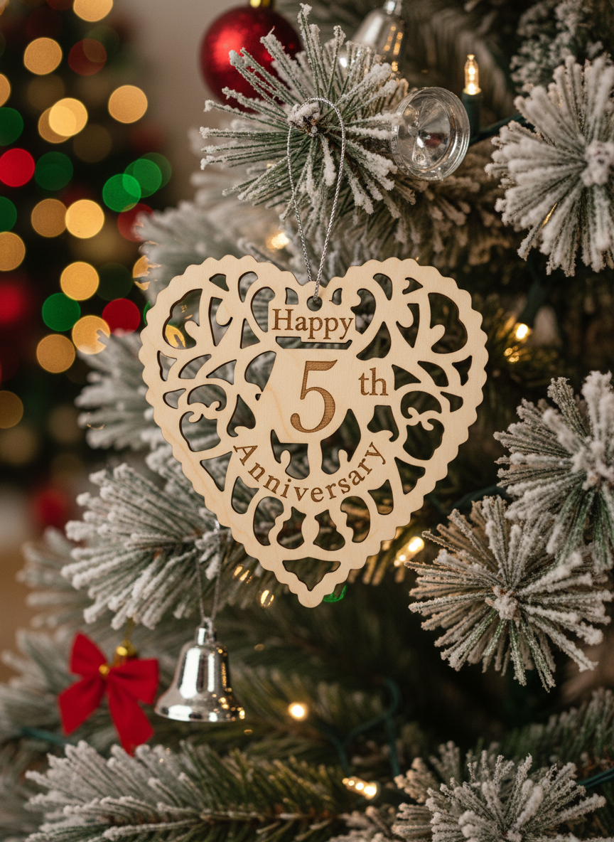 [2D FLAT ACRYLIC] 5th Anniversary Heart Ornament with 2025 Year Tag – Keepsake Gift for Couples