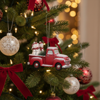 [2D FLAT ACRYLIC] Red Truck & Snowman Family Christmas Ornament | Vintage Farmhouse Style Holiday Decor