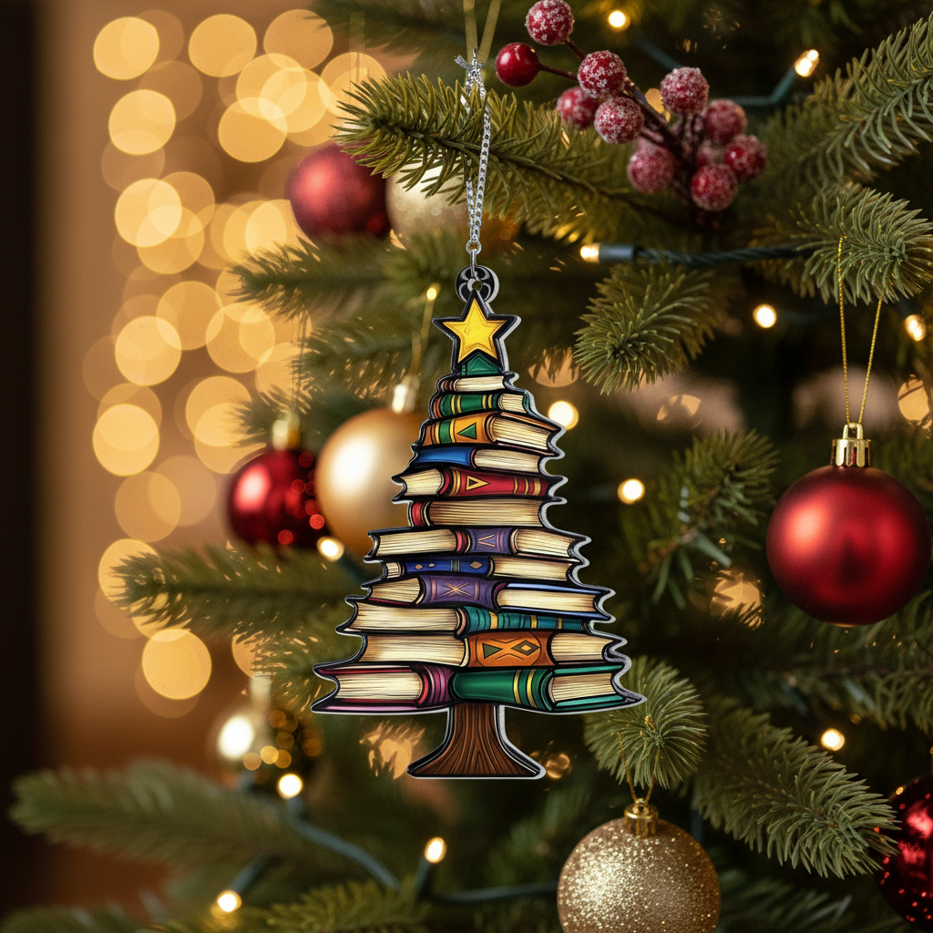 [2D FLAT ACRYLIC] Christmas Book Tree Acrylic Ornament – Unique Gift for Book Lovers