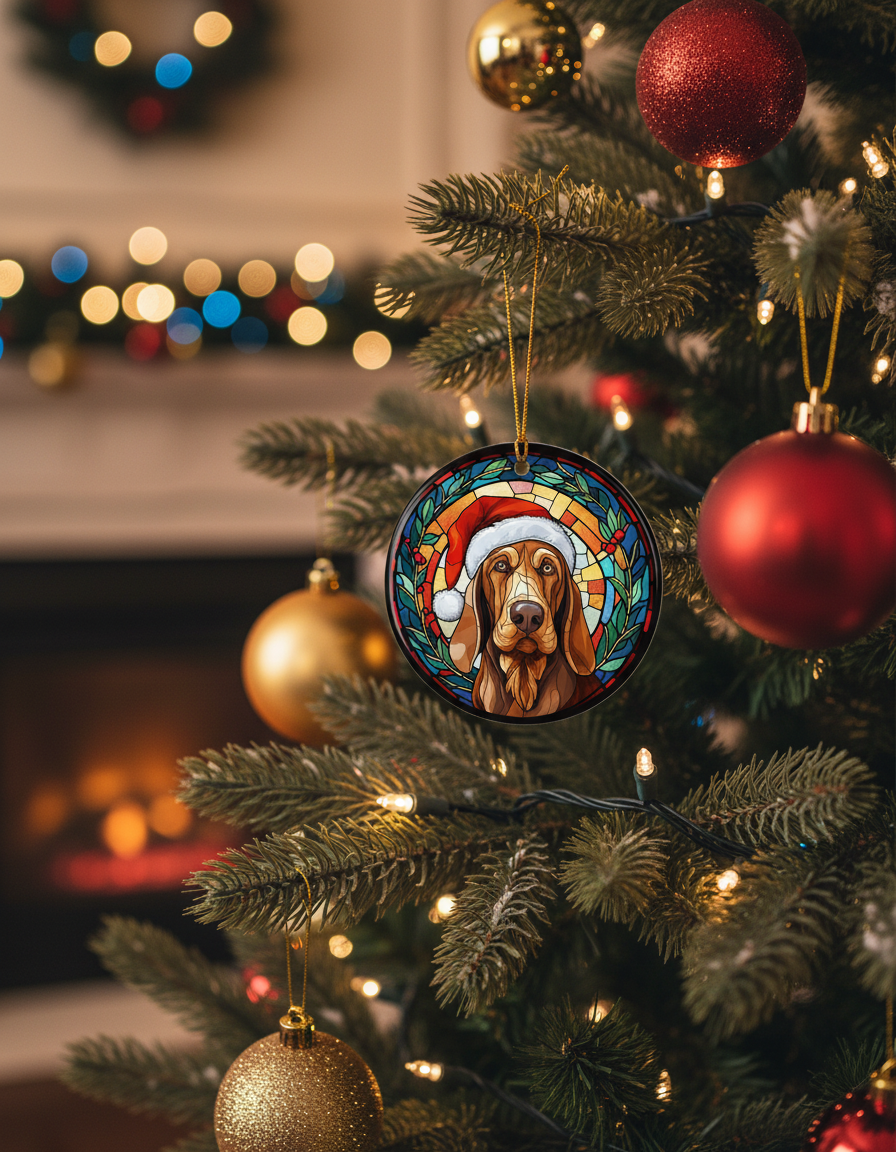 [2D FLAT ACRYLIC] Bloodhound Santa Hat Ceramic Ornament | Christmas Keepsake Gift for Dog Lovers