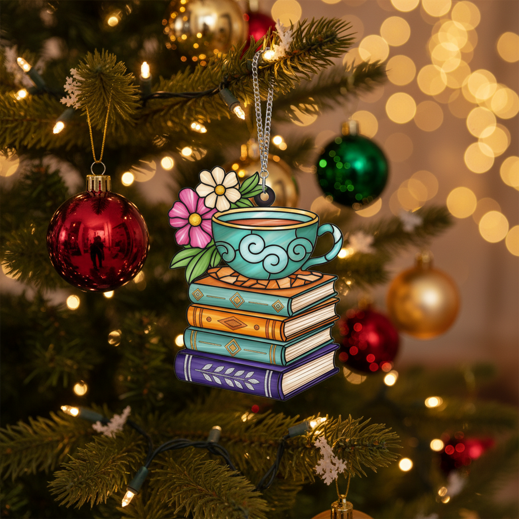 [2D FLAT ACRYLIC] Floral Book & Tea Acrylic Ornament – Charming Gift for Book Lovers