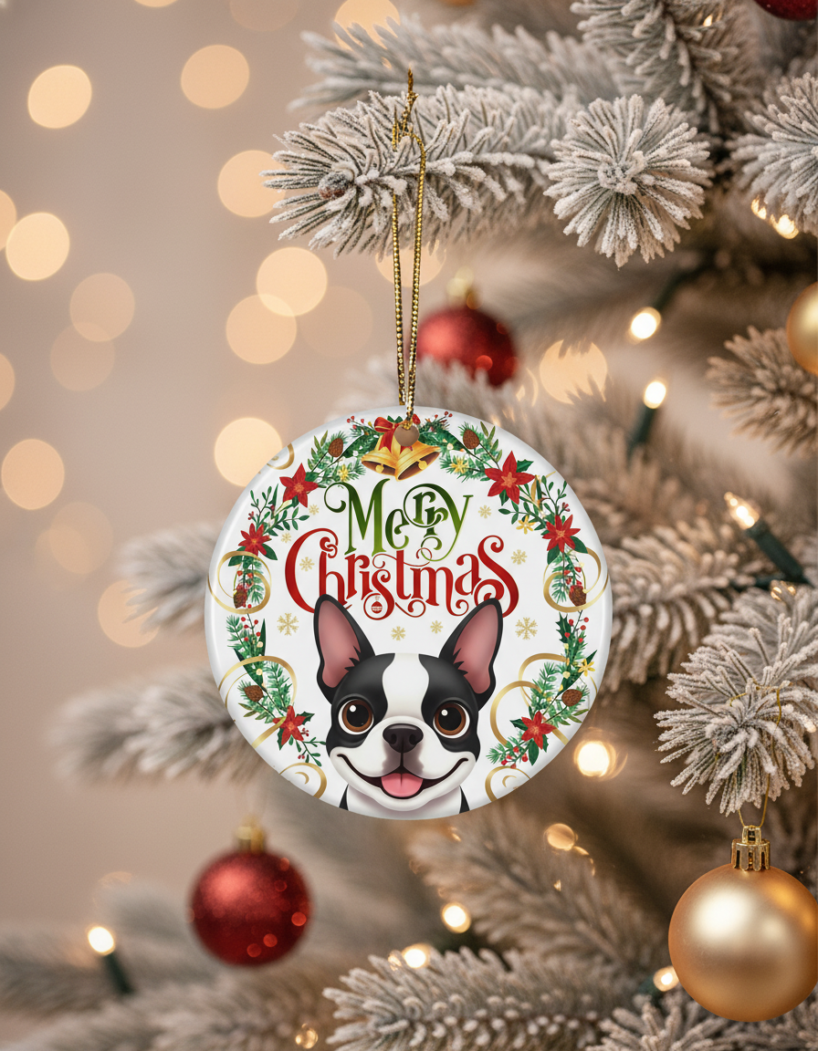 [2D FLAT ACRYLIC] Adorable Boston Terrier Christmas Ornament | Holiday Decor & Unique Gift for Dog Lovers