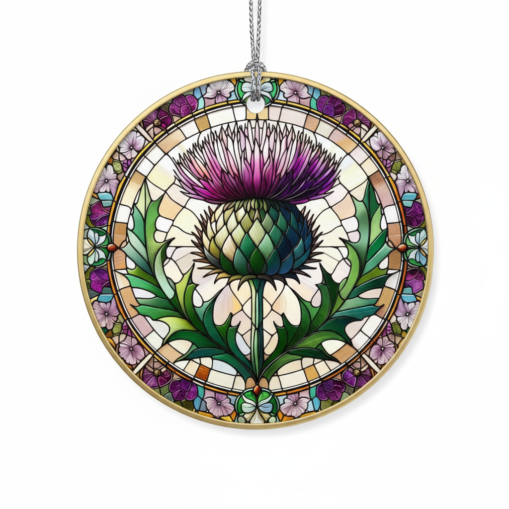 [2D FLAT ACRYLIC] Scottish Thistle Ornament – Ceramic Keepsake with Faux Stained Glass Effect