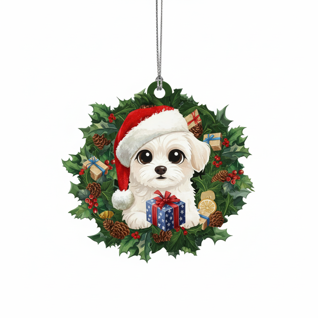 [2D FLAT ACRYLIC] Bichon Frise Christmas Ornament – Festive Dog Lover Keepsake & Car Charm