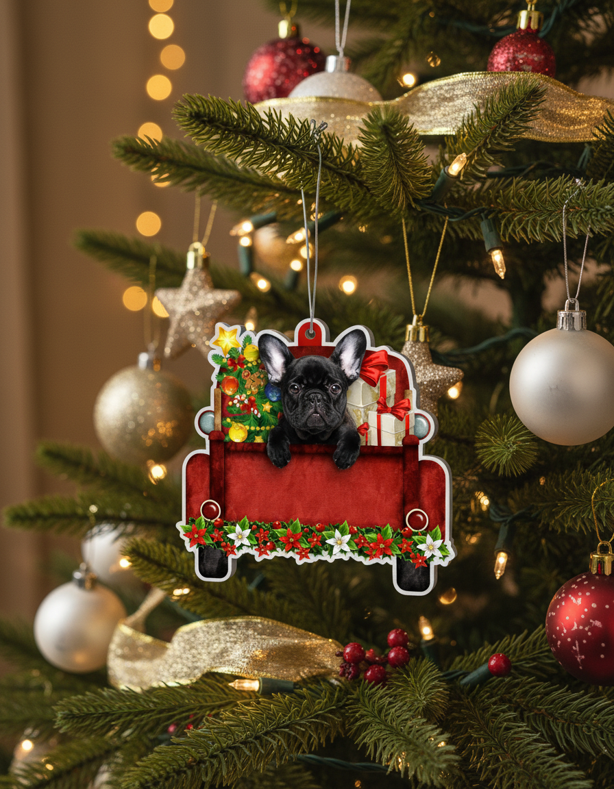 [2D FLAT ACRYLIC] Black French Bulldog Christmas Ornament | Frenchie Red Car Holiday Decor Gift