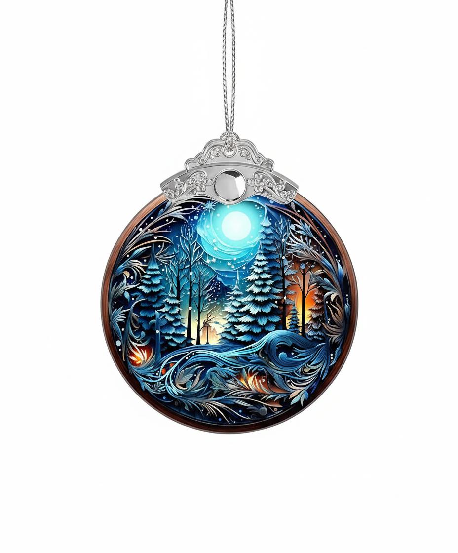 [2D FLAT ACRYLIC] Winter Forest Christmas Ornament | Moonlight Snow Scene Decoration | Elegant Holiday Ornament 2025