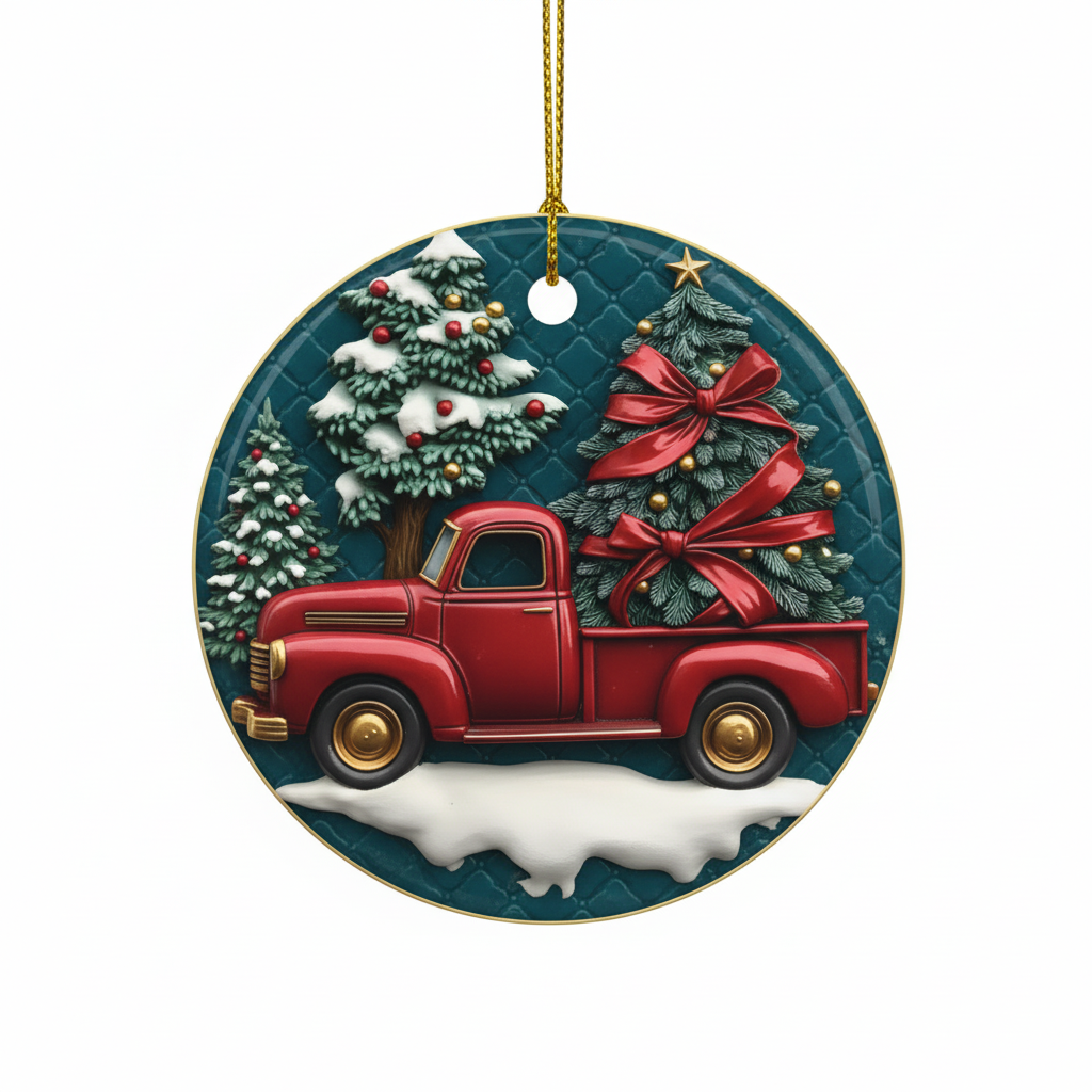 [2D FLAT ACRYLIC] Personalized Dump Truck Ornament with Santa Hat – Funny Custom Name Christmas Tree Decoration, Flat 2D Holiday Ornament Gift