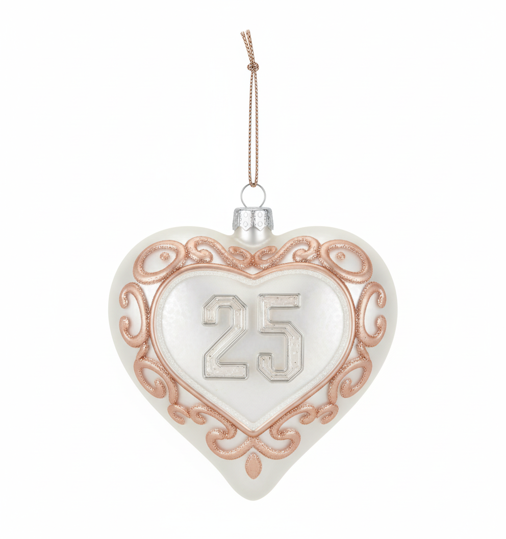 [2D FLAT ACRYLIC] 25th Anniversary Glass Heart Ornament – Handcrafted Holiday Keepsake