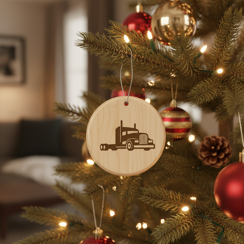 [2D FLAT ACRYLIC] Engraved Wooden Trucker Ornament | Rustic Semi Truck Holiday Decor & Christmas Gift