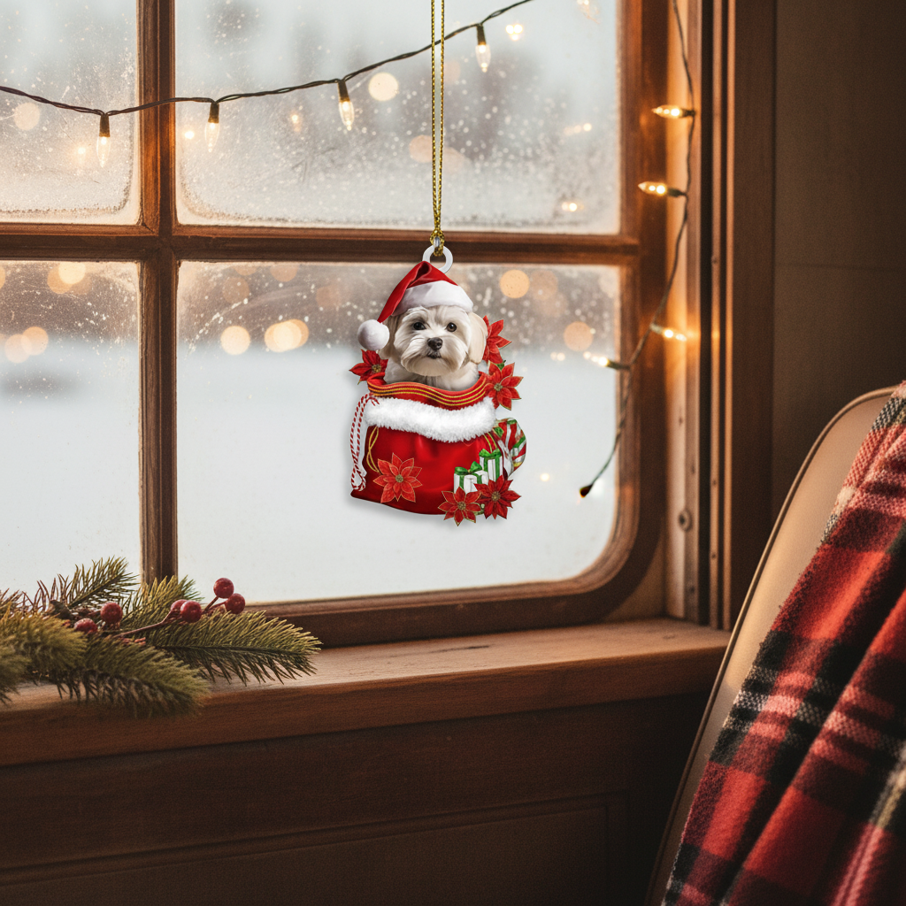 [2D FLAT ACRYLIC] Adorable Maltese Christmas Ornament – Festive Dog in Santa Bag Keepsake Gift