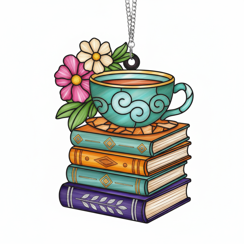 [2D FLAT ACRYLIC] Floral Book & Tea Acrylic Ornament – Charming Gift for Book Lovers
