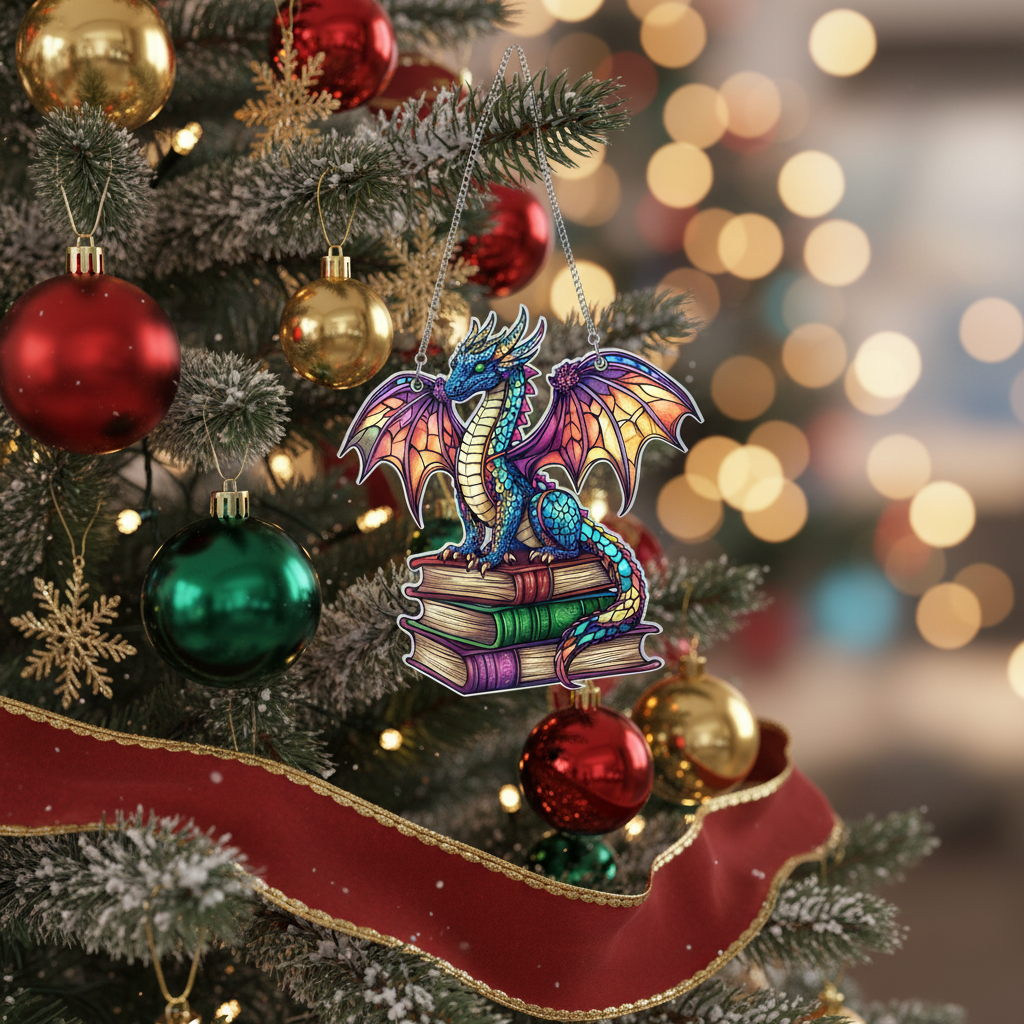 [2D FLAT ACRYLIC] Book Dragon Window Hanging Ornament – Fantasy Gift for Book Lovers