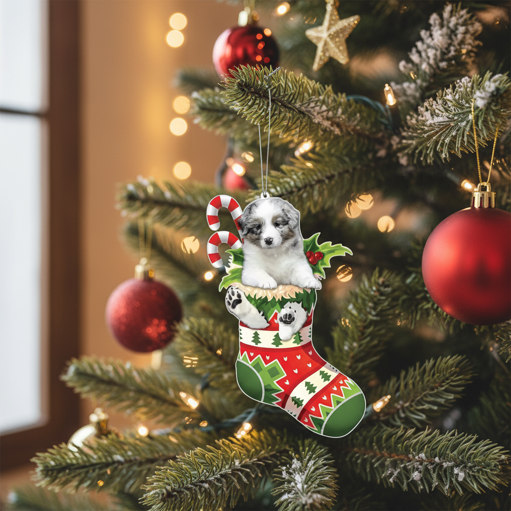 [2D FLAT ACRYLIC] Australian Shepherd Christmas Ornament | Festive Aussie in Stocking Holiday Decor & Dog Lover Gift