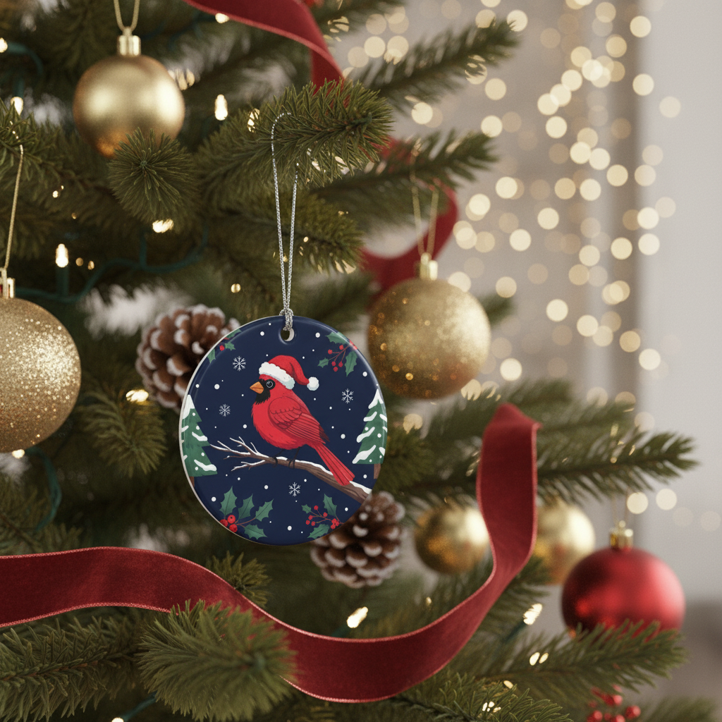 [2D FLAT ACRYLIC] Red Cardinal Christmas Ornament Design – Sublimation PNG for Round Decor