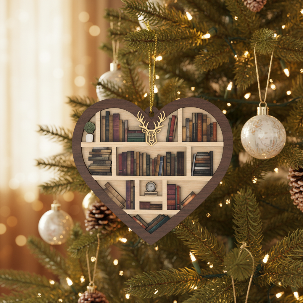 [2D FLAT ACRYLIC] Bookshelf Heart Christmas Ornament – Unique 2-Layer Gift for Book Lovers & Readers