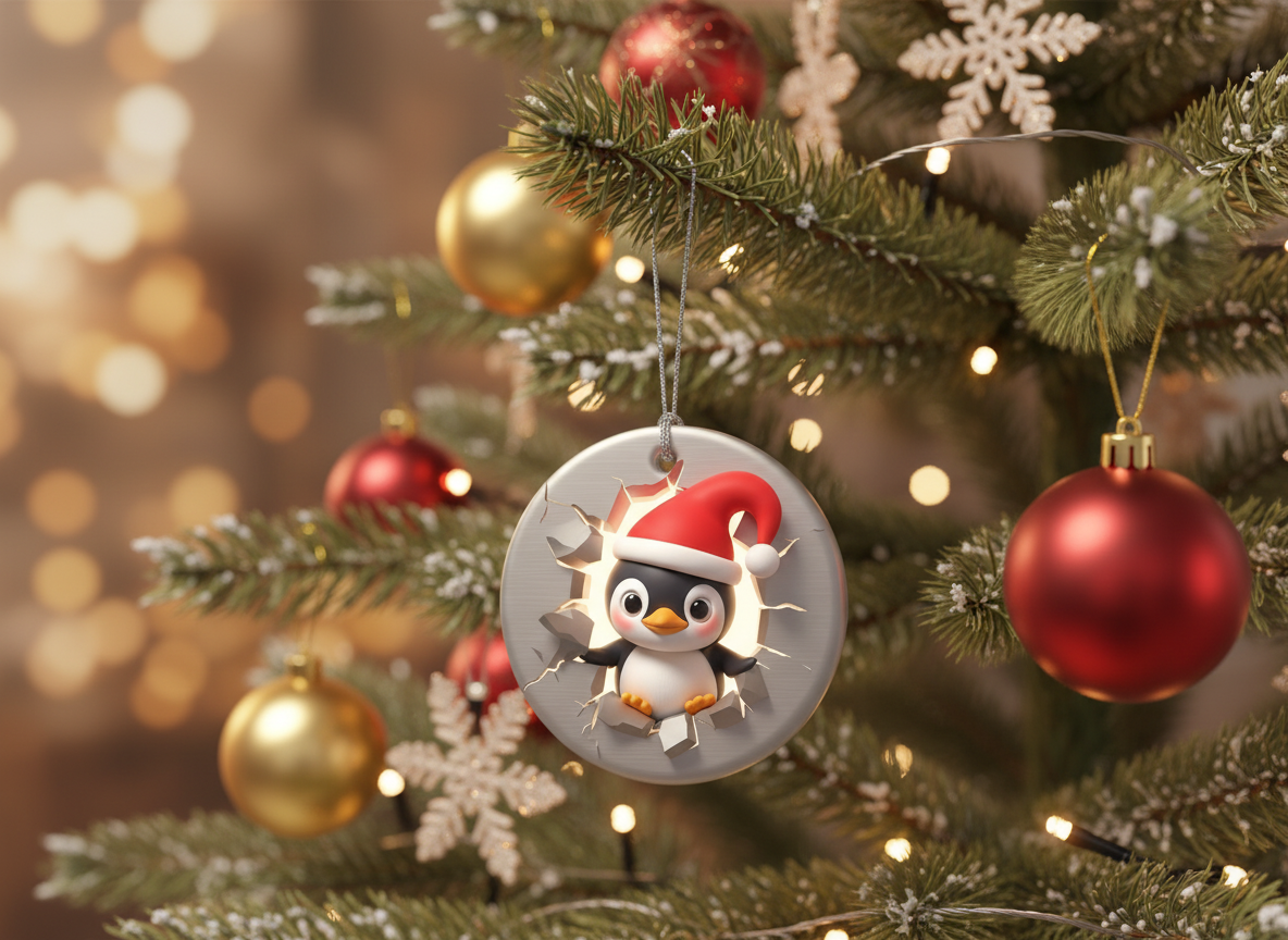 [2D FLAT ACRYLIC] Cute Penguin Christmas Ornament 2025 – Double-Sided Porcelain Holiday Decor