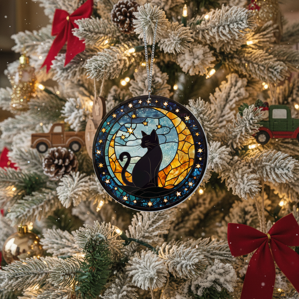 [2D FLAT ACRYLIC] Mystical Black Cat on Moon Suncatcher – Acrylic Window Hanging Decor