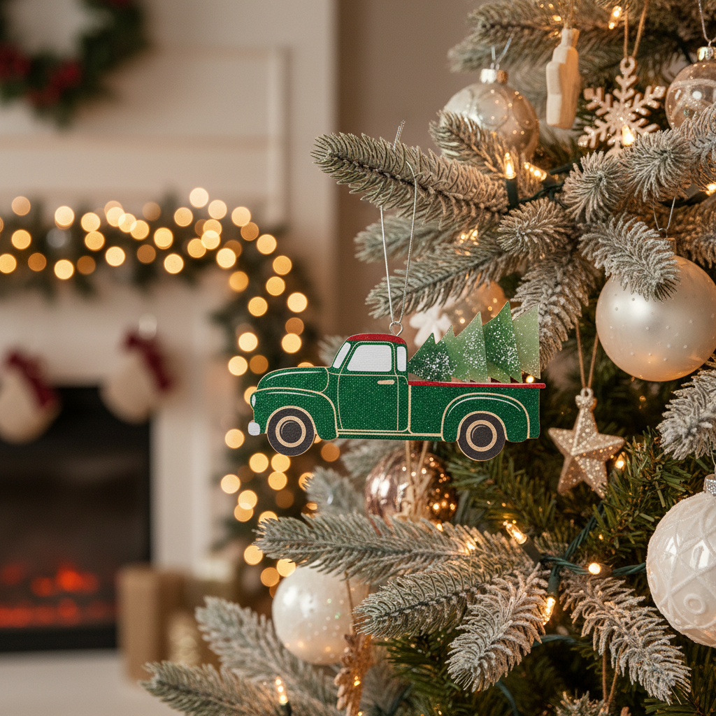 [2D FLAT ACRYLIC] Wooden Red Truck Christmas Ornament | Rustic Holiday Decor & Trucker Gift