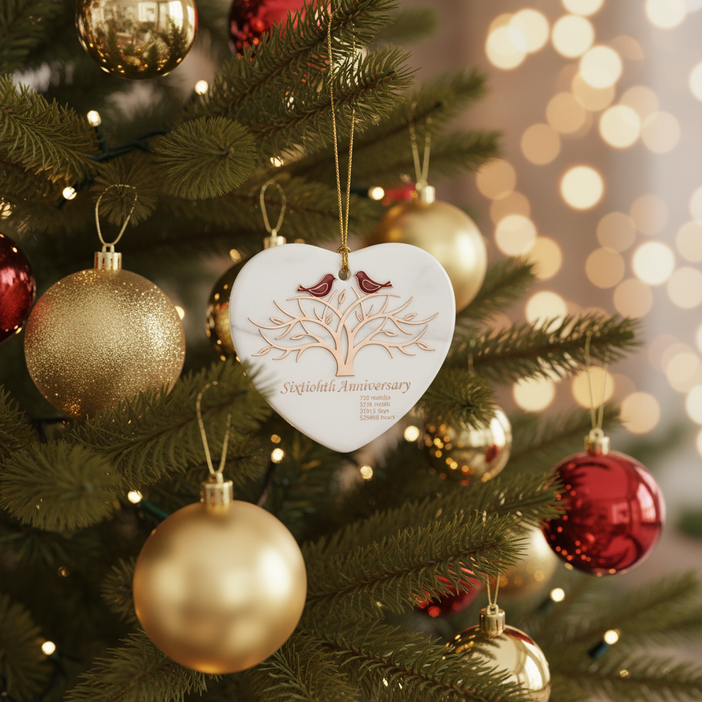 [2D FLAT ACRYLIC] 60th Diamond Wedding Anniversary Heart Ornament – Ceramic Keepsake Gift for Couple