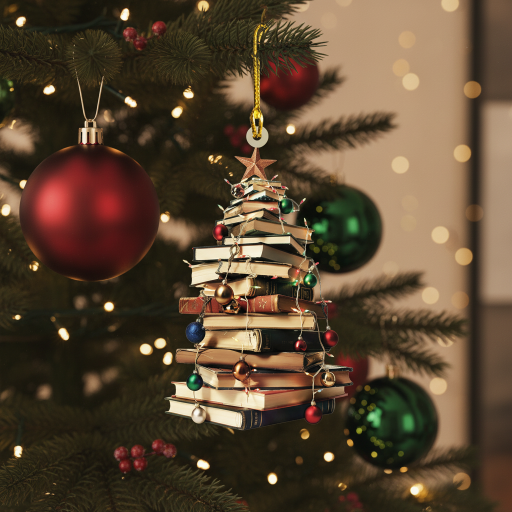 [2D FLAT ACRYLIC] Bookstack Christmas Ornament – Flat Acrylic Tree Decor Gift for Book Lovers