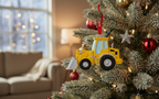 [2D FLAT ACRYLIC] Yellow Backhoe Christmas Ornament 2025 | Construction Holiday Decor & Truck Gift