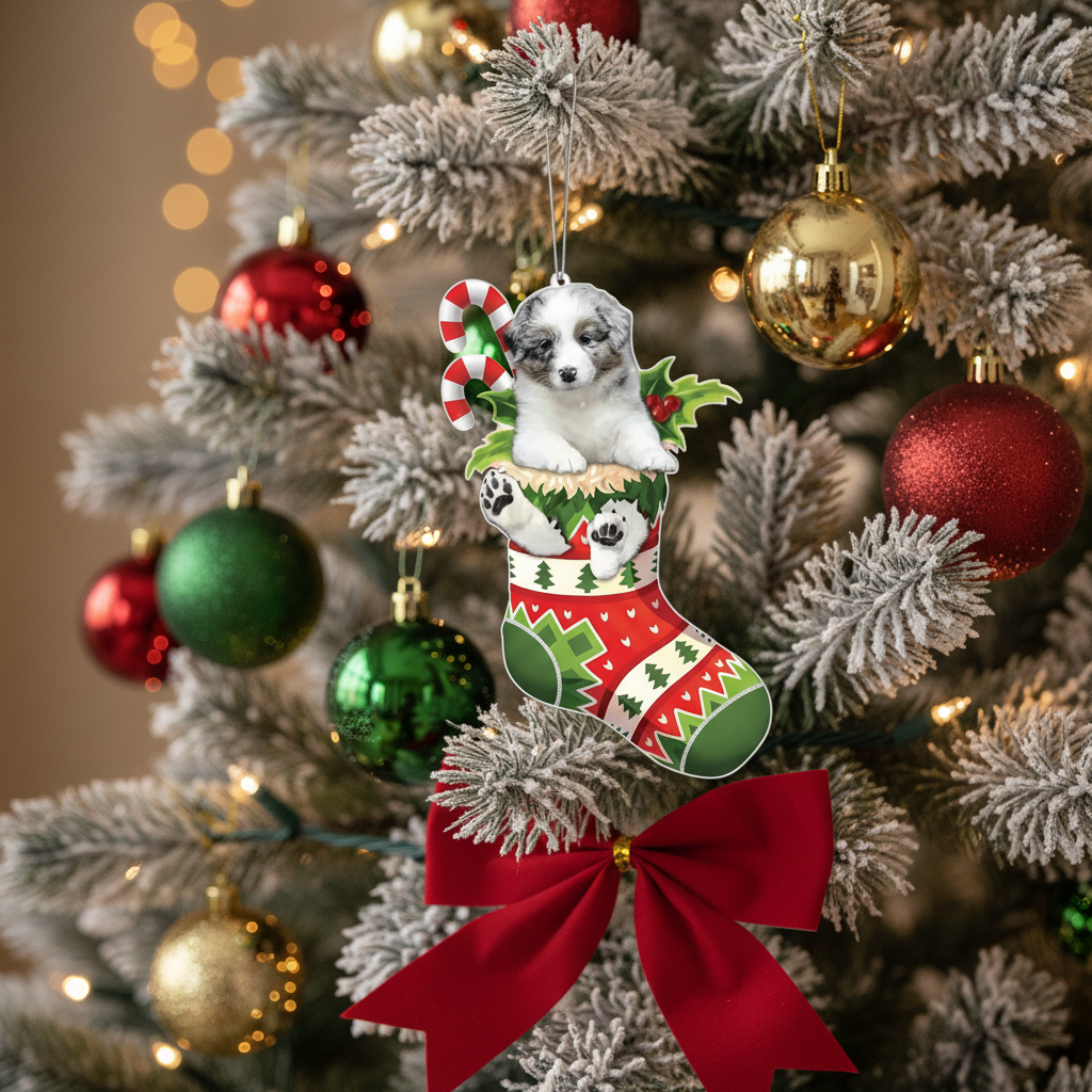 [2D FLAT ACRYLIC] Australian Shepherd Christmas Ornament | Festive Aussie in Stocking Holiday Decor & Dog Lover Gift