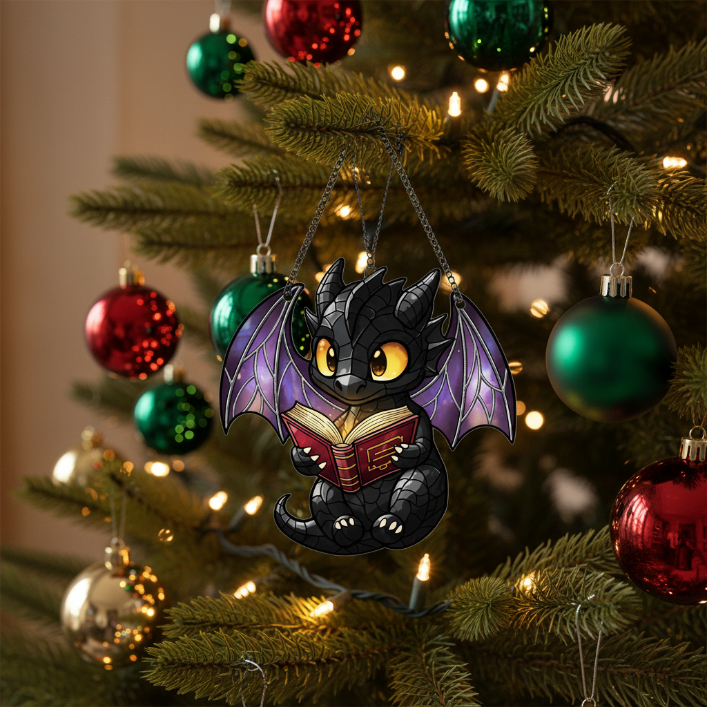 [2D FLAT ACRYLIC] Fantasy Dragon Reading Suncatcher Ornament – Unique Bookish Home Decor Gift