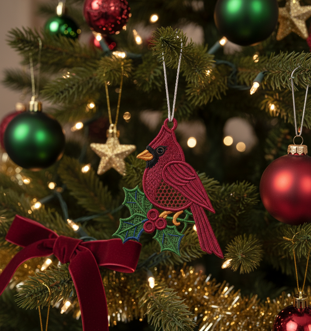 [2D FLAT ACRYLIC] Red Cardinal FSL Embroidery Design – Winter Bird Christmas Ornament for 5x7 Hoop