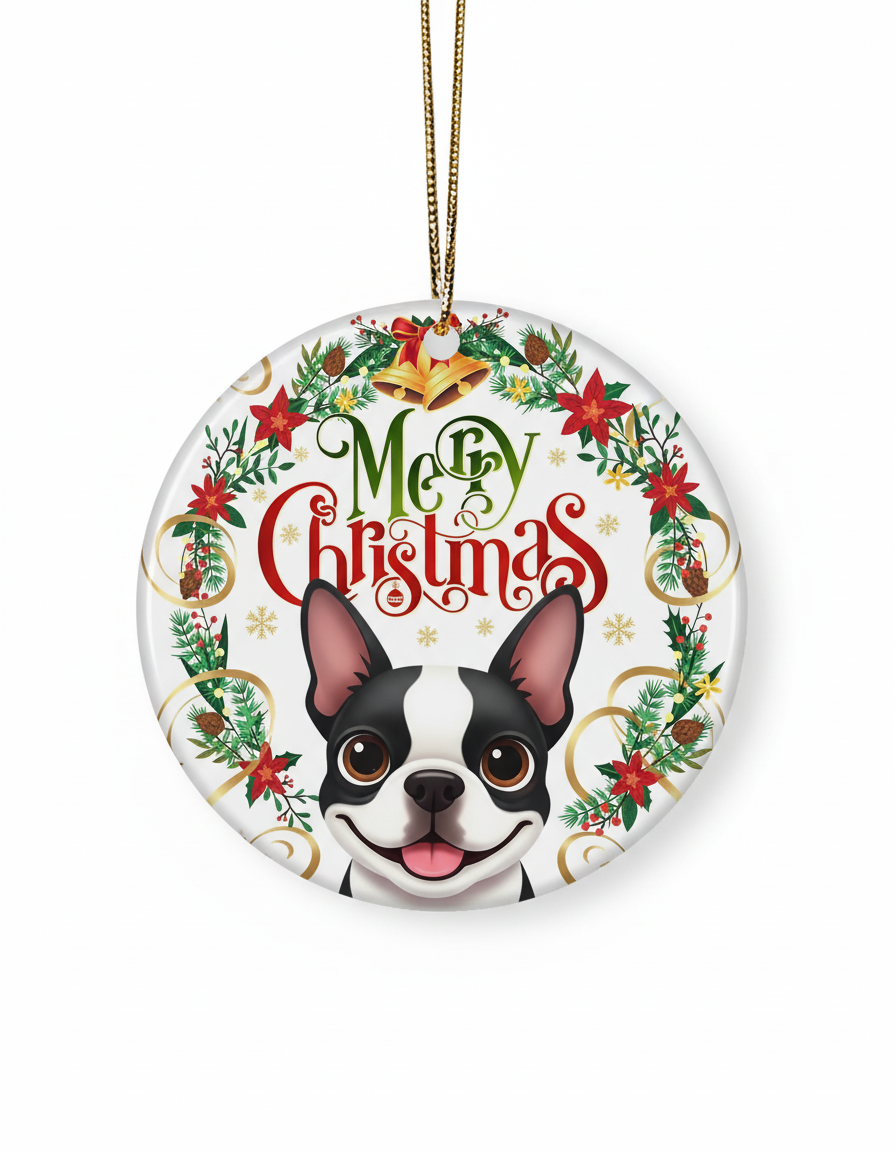 [2D FLAT ACRYLIC] Adorable Boston Terrier Christmas Ornament | Holiday Decor & Unique Gift for Dog Lovers