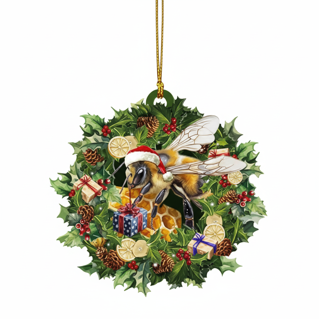 [2D FLAT ACRYLIC] Festive Bee Christmas Ornament – Unique Holiday Decor & Car Charm
