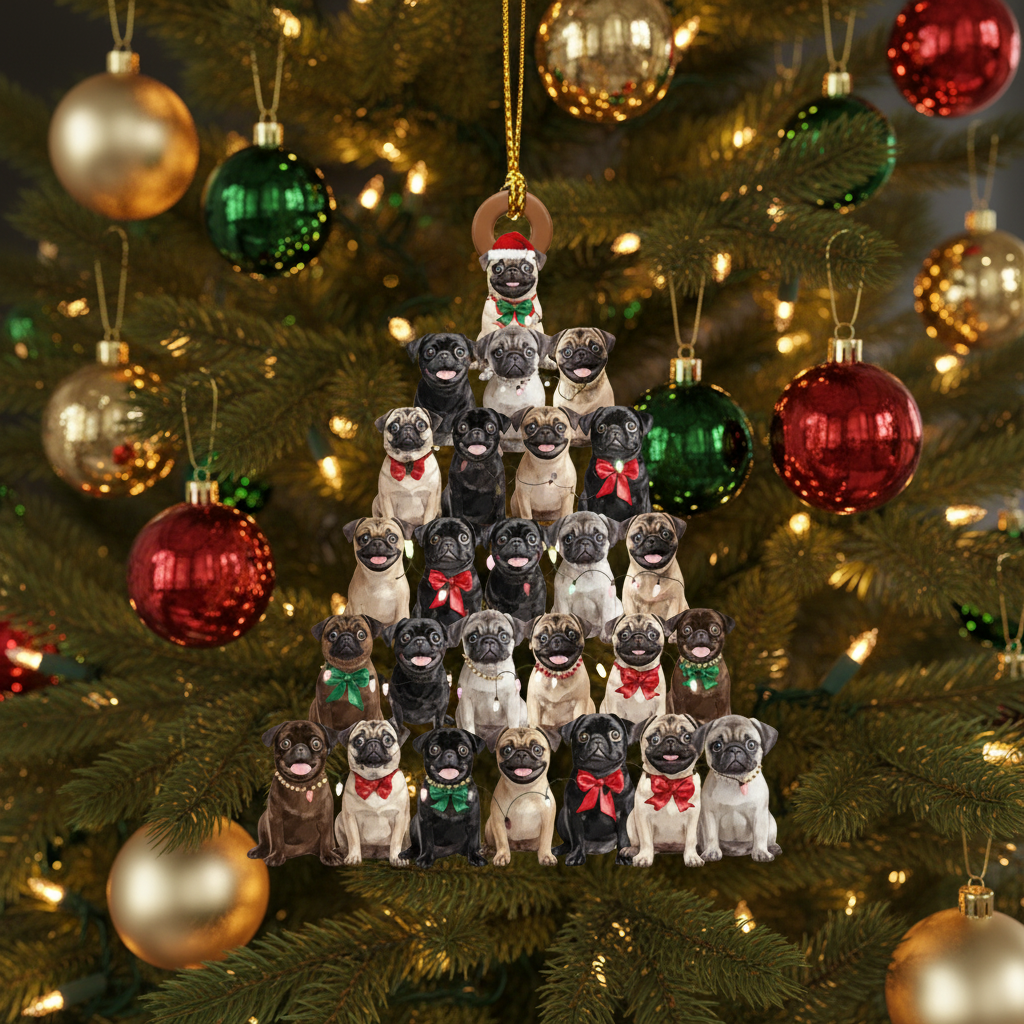 [2D FLAT ACRYLIC] Adorable Pug Pine Tree Christmas Ornament – Gift for Pug Lovers
