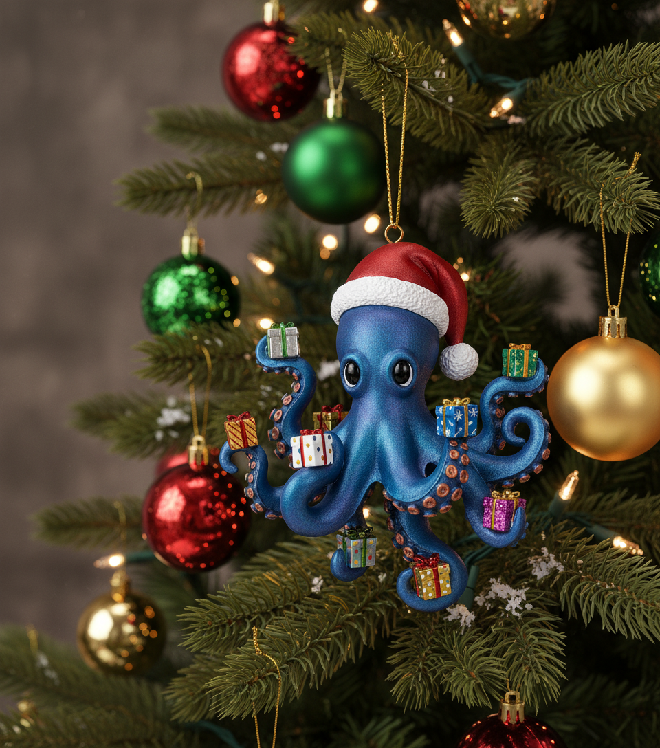 [2D FLAT ACRYLIC] Christmas Kraken Octopus Ornament – Funny Sea Creature Holiday Decor
