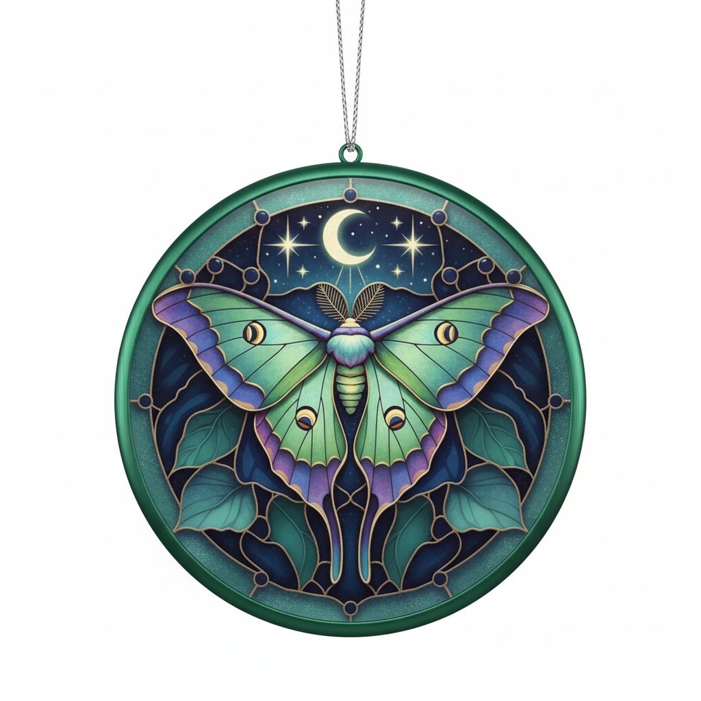 [2D FLAT ACRYLIC] Exquisite Luna Moth Stained Glass Style Ornament – Real Glass Holiday Decor