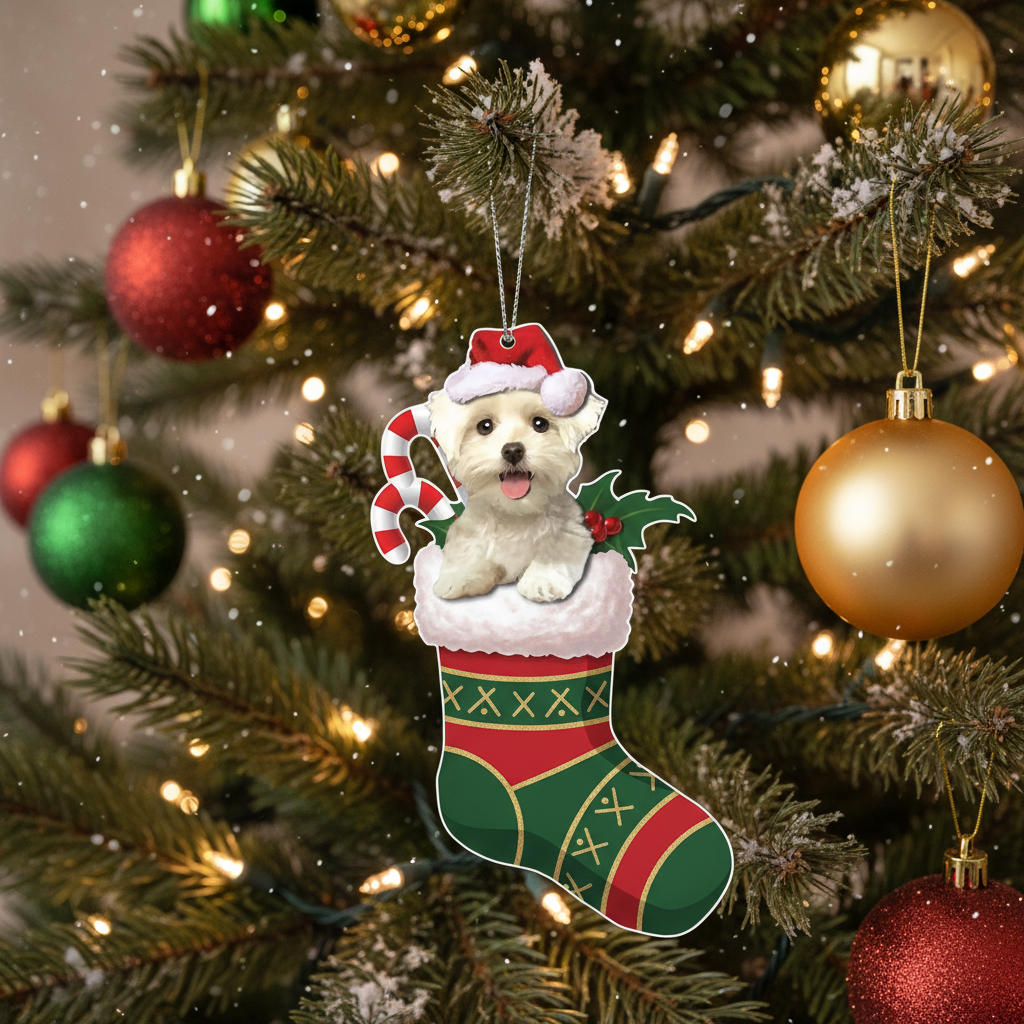 [2D FLAT ACRYLIC] Bichon Frise Christmas Ornament | Festive Dog in Stocking Holiday Decor & Pet Lover Gift