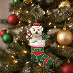 [2D FLAT ACRYLIC] Bichon Frise Christmas Ornament | Festive Dog in Stocking Holiday Decor & Pet Lover Gift