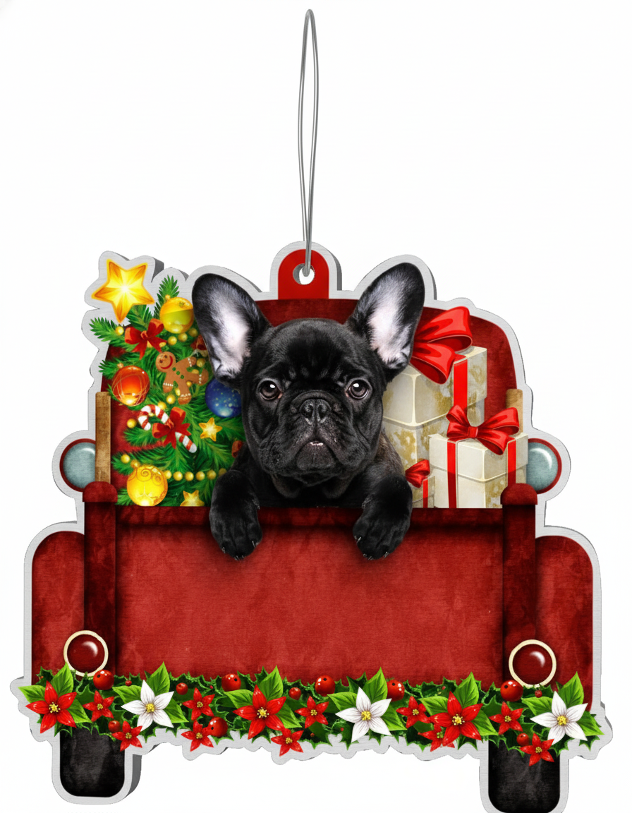 [2D FLAT ACRYLIC] Black French Bulldog Christmas Ornament | Frenchie Red Car Holiday Decor Gift