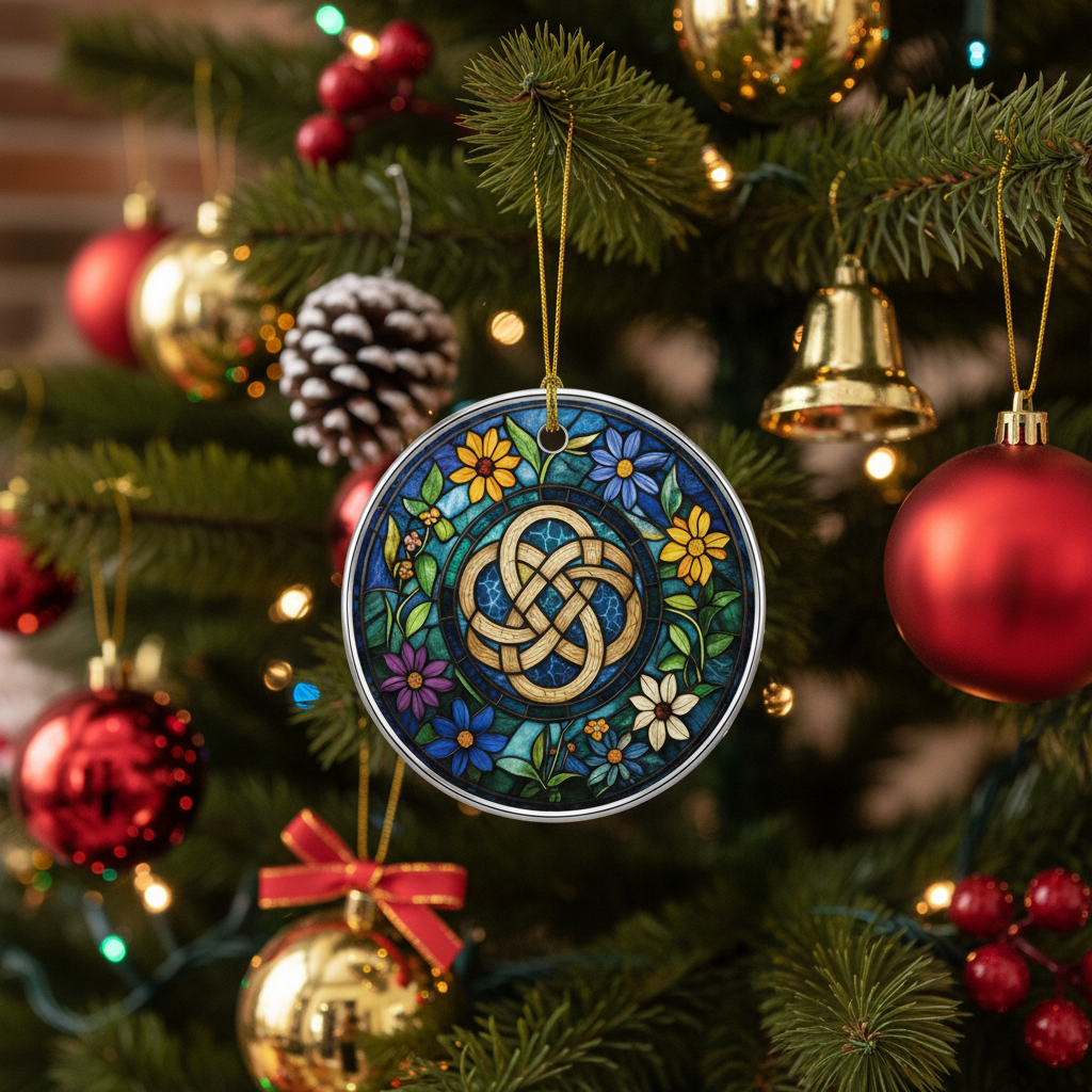 [2D FLAT ACRYLIC] Elegant Celtic Knot Wildflower Ceramic Ornament – Christmas Tree Decor