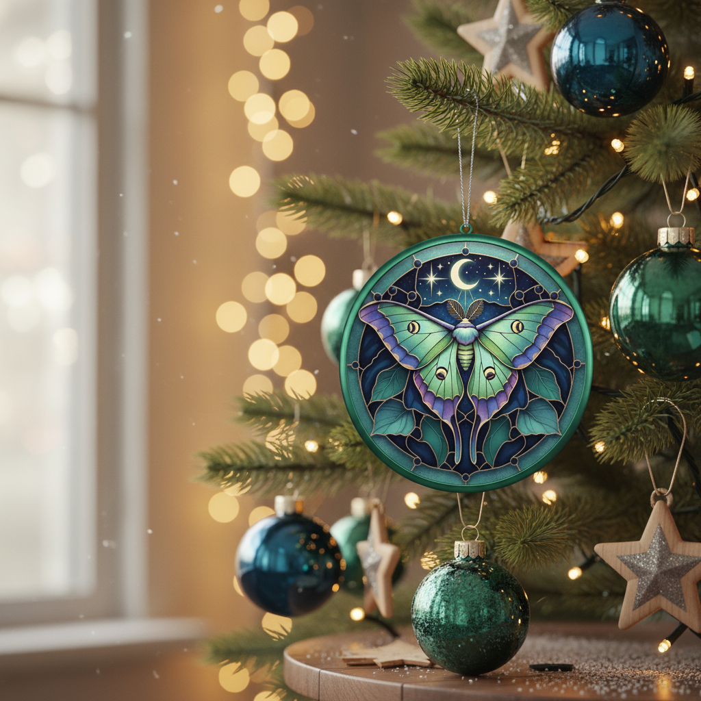 [2D FLAT ACRYLIC] Exquisite Luna Moth Stained Glass Style Ornament – Real Glass Holiday Decor
