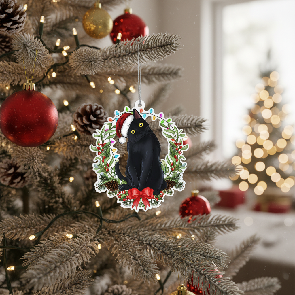 [2D FLAT ACRYLIC] Black Cat Christmas Ornament | Holiday Keepsake Gift for Cat Lovers