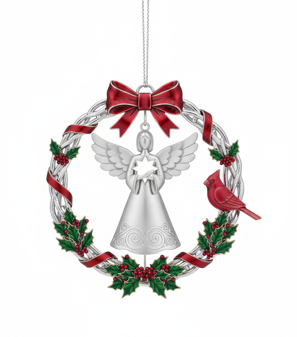 [2D FLAT ACRYLIC] 2025 Christmas Wreath Ornament with Spinning Angel – Metal Holiday Keepsake