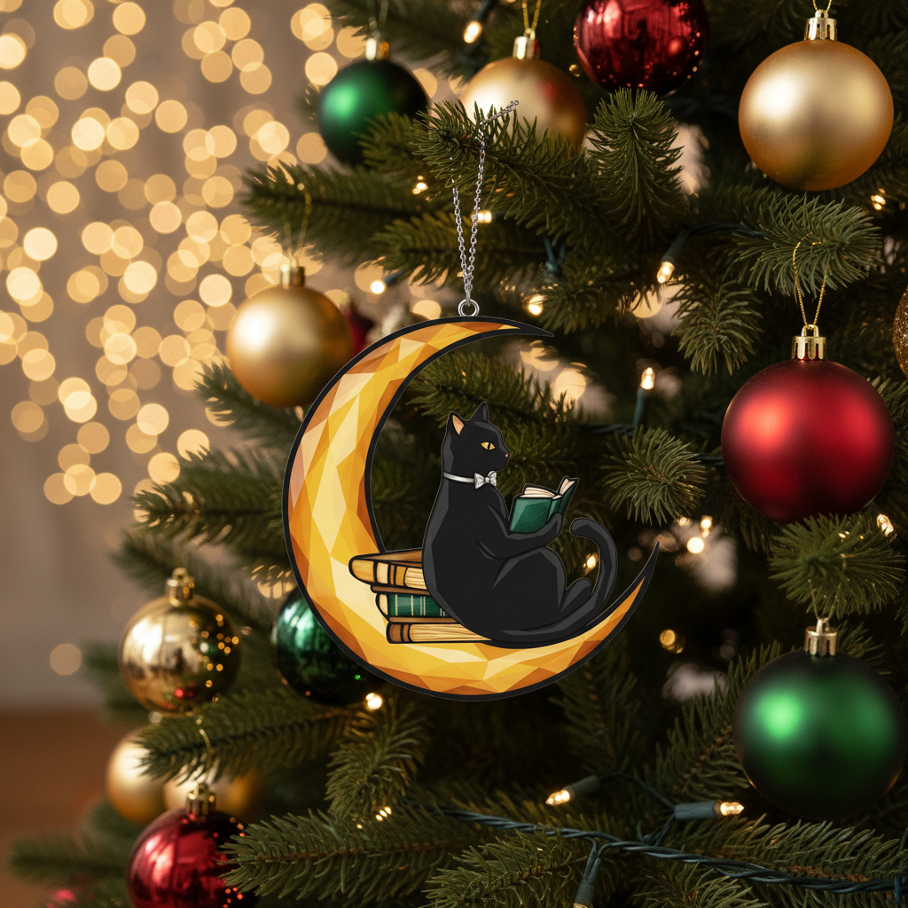 [2D FLAT ACRYLIC] Cat Reading on Moon Suncatcher – Acrylic Window Hanging for Book Lovers