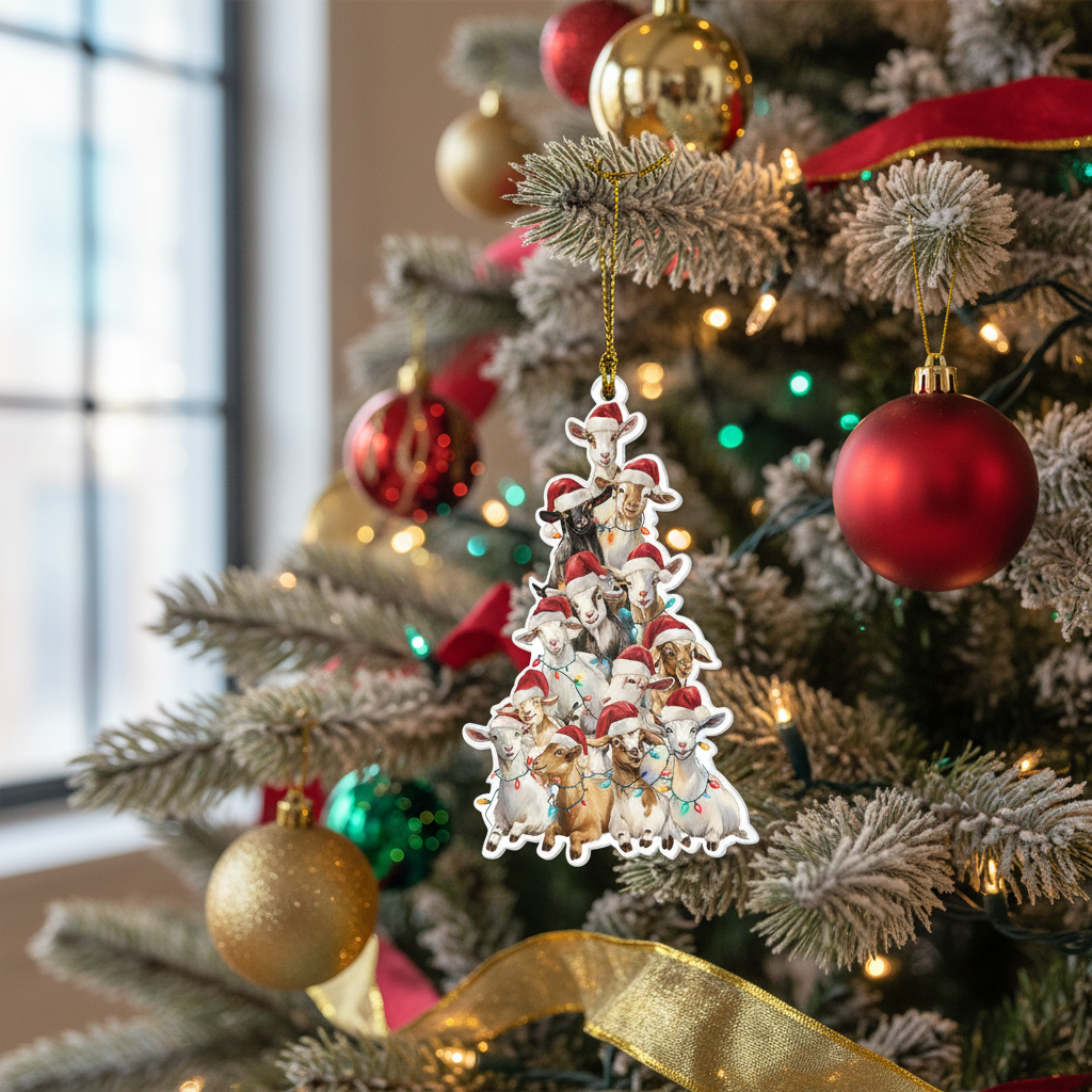 [2D FLAT ACRYLIC] Charming Goat Tree Christmas Ornament 2025 – Rustic Farmhouse Animal Decor