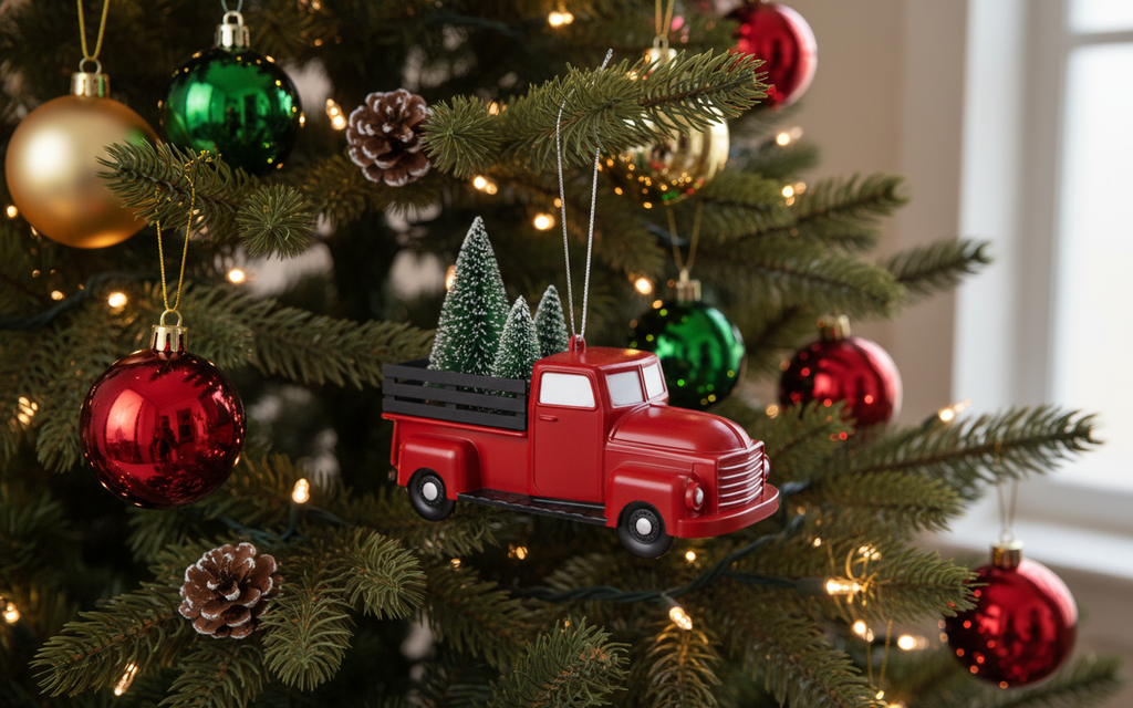 [2D FLAT ACRYLIC] Vintage Red Truck Christmas Ornaments (3-Pack) | Farmhouse Holiday Decor & Trucker Gift