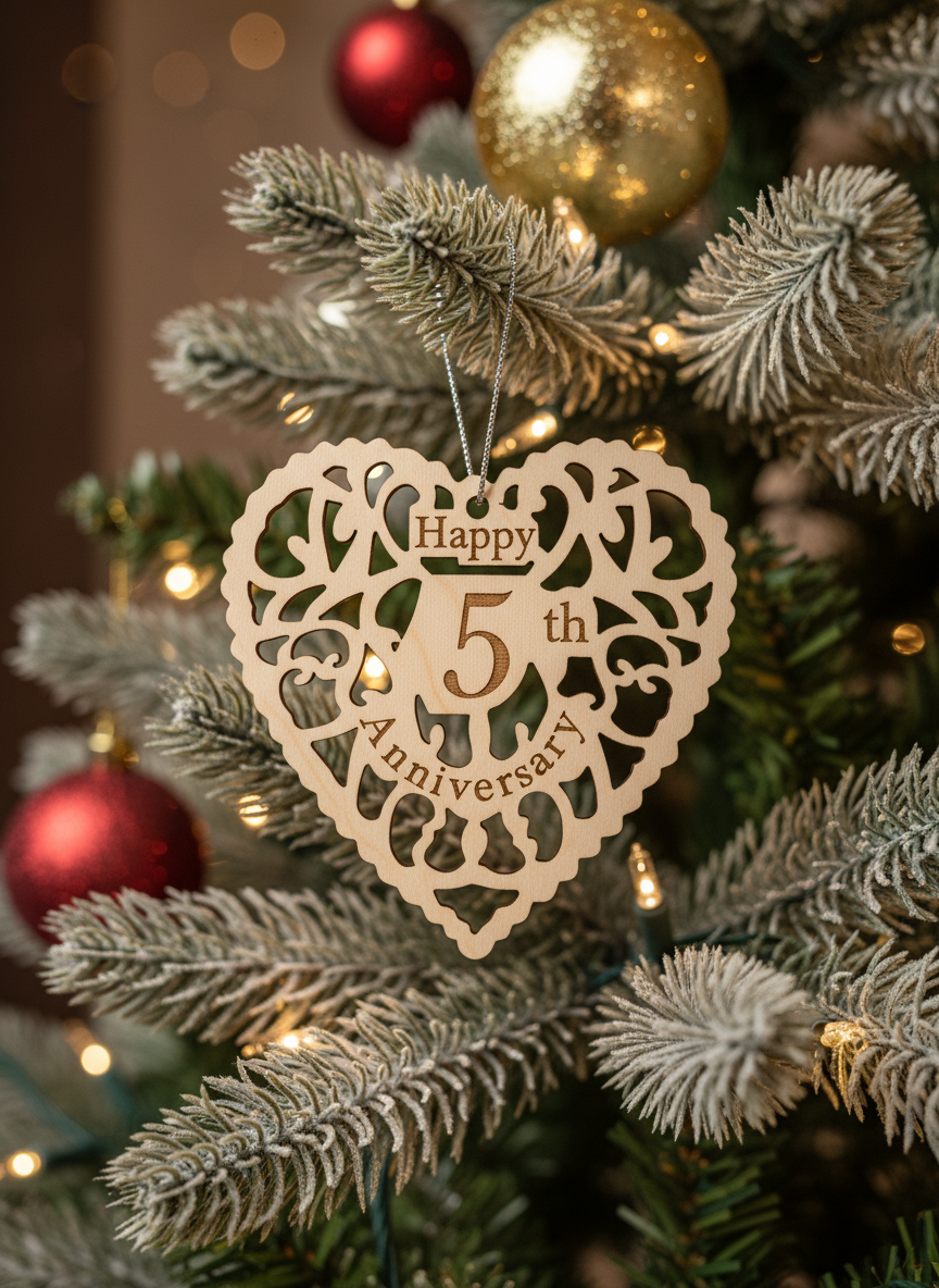[2D FLAT ACRYLIC] 5th Anniversary Heart Ornament with 2025 Year Tag – Keepsake Gift for Couples