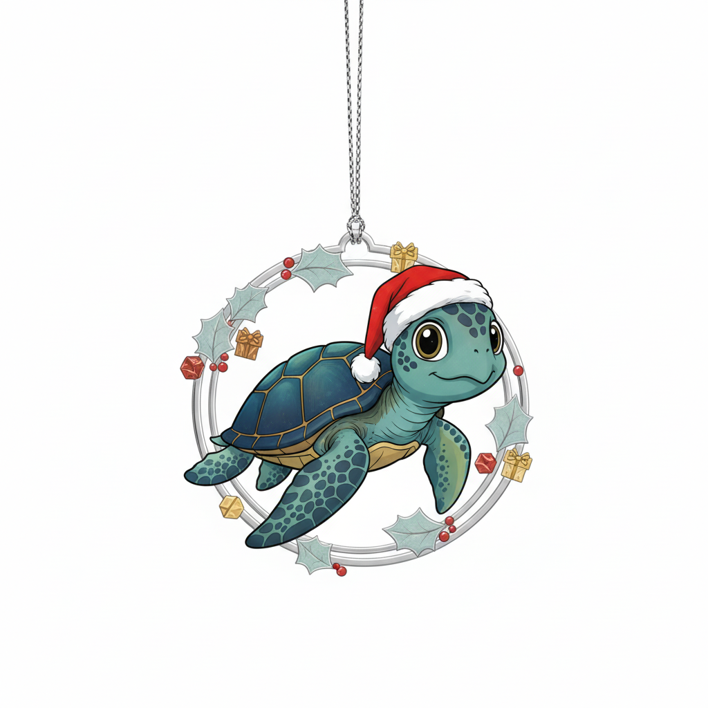 [2D FLAT ACRYLIC] Festive Sea Turtle Christmas Ornament – Holiday Decor & Ocean Lover Gift